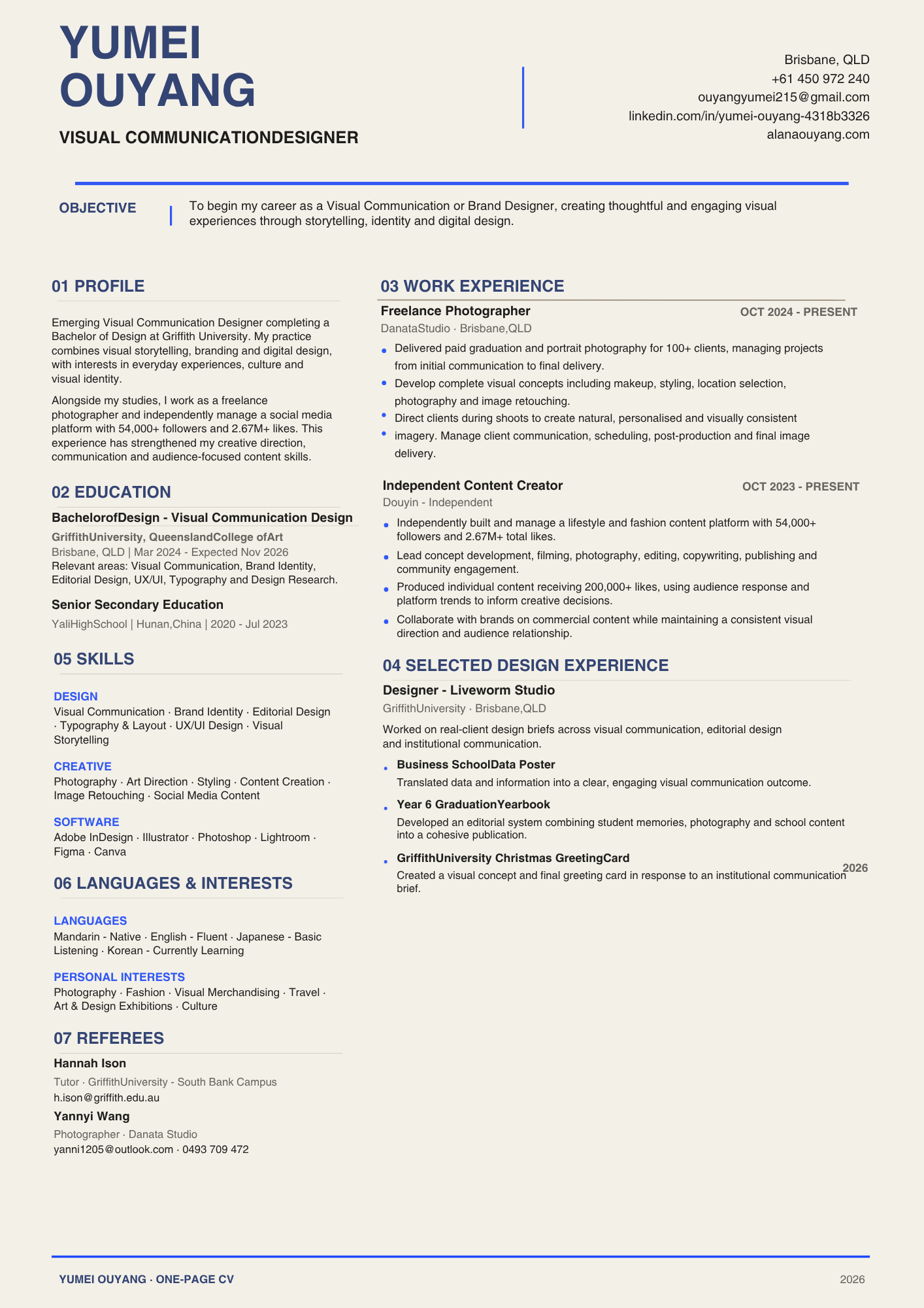 Preview of Yumei Ouyang's one-page CV