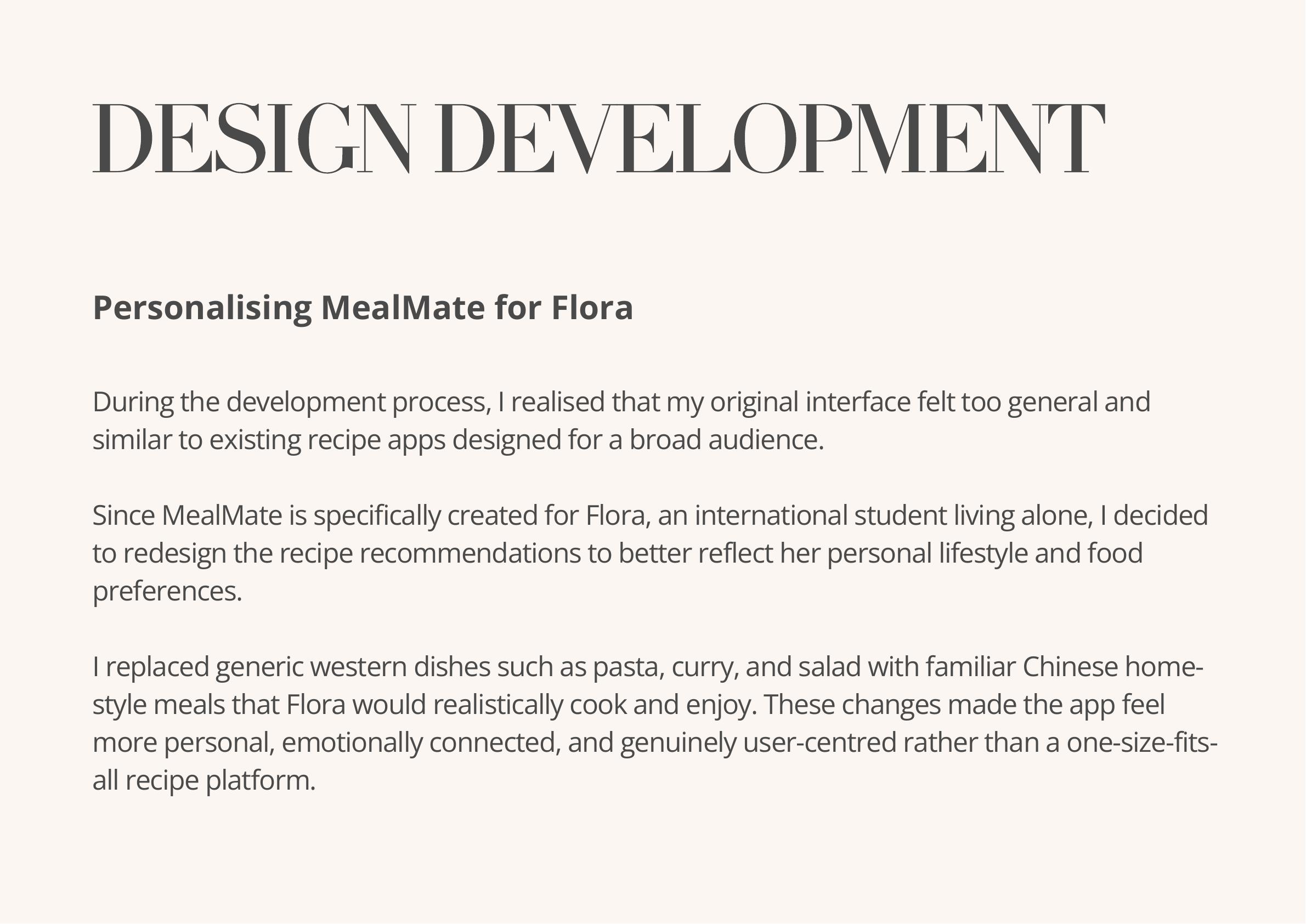MealMate design development explanation for personalising the product to Flora