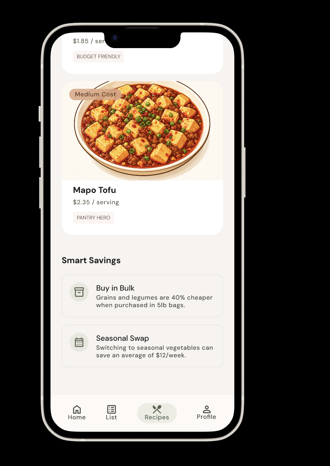 Budget Meals screen with cost labels and savings suggestions