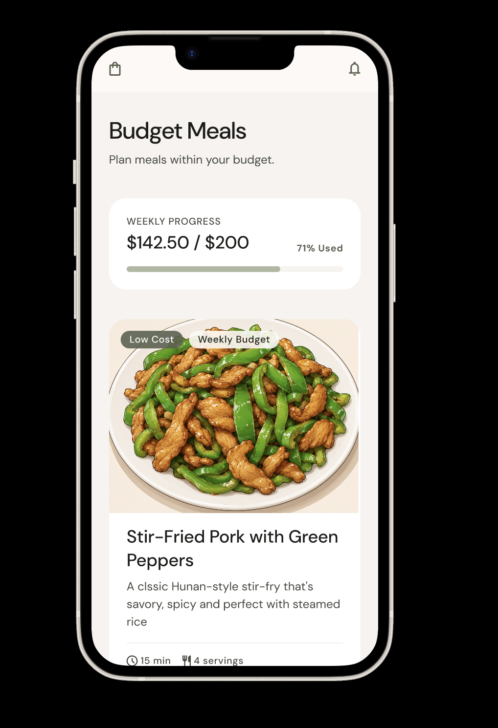 Budget Meals screen with weekly spending progress