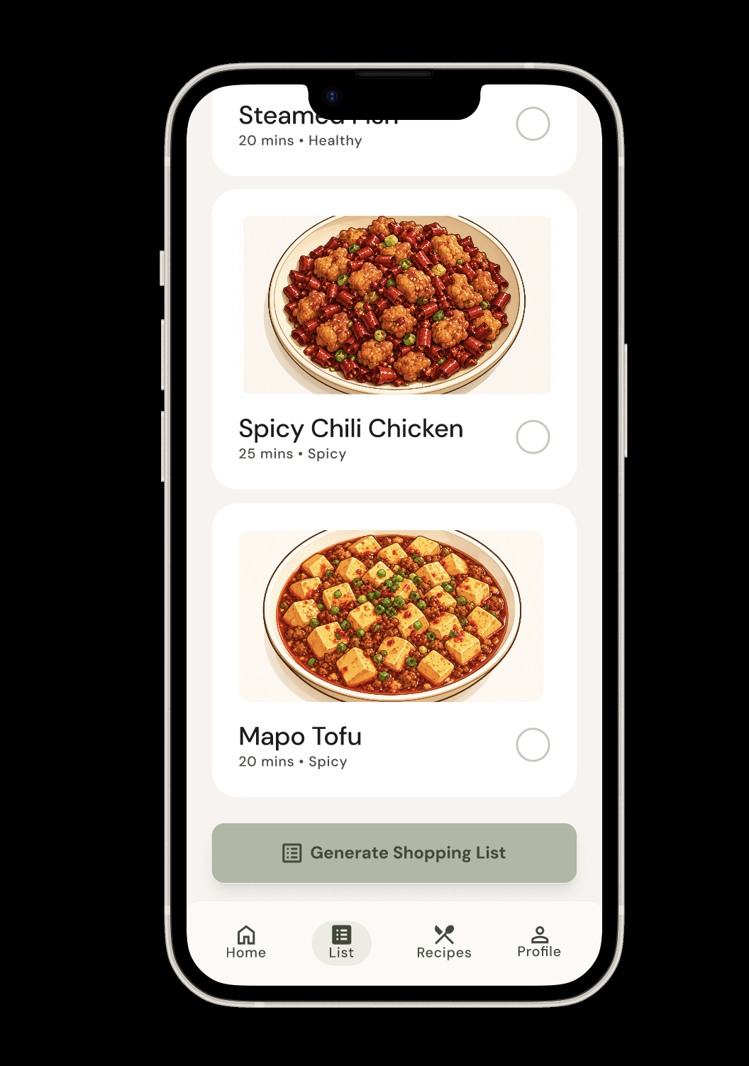 Choose Meals screen showing more dishes and generate shopping list button