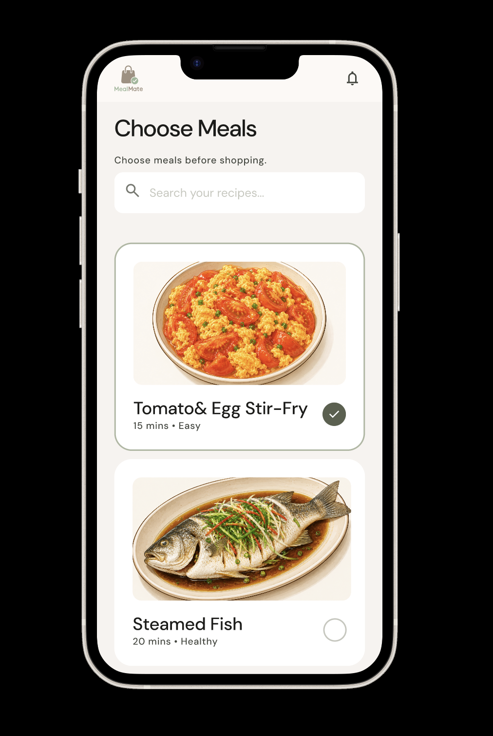 MealMate choose meals screen