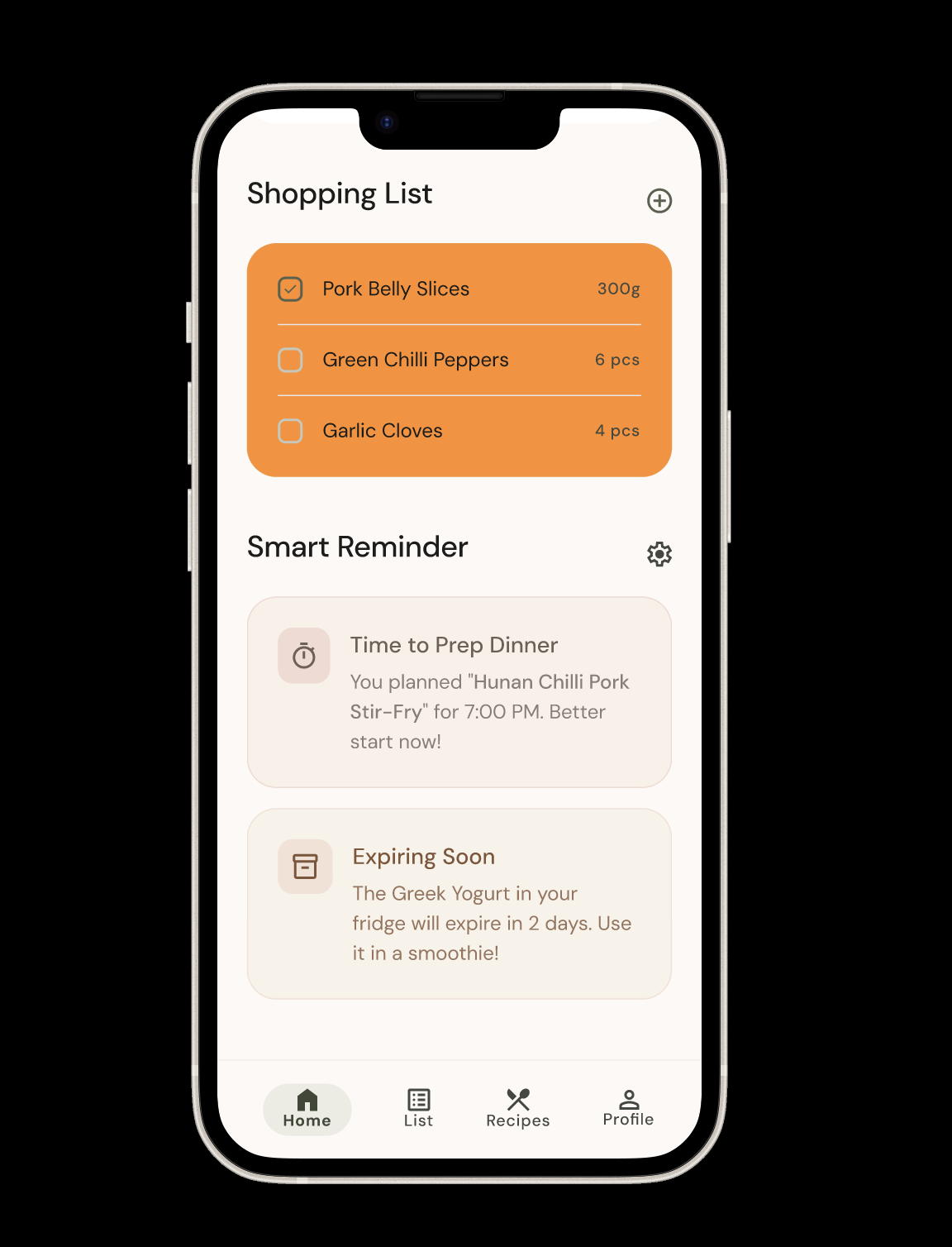 MealMate dashboard with shopping list and smart reminders