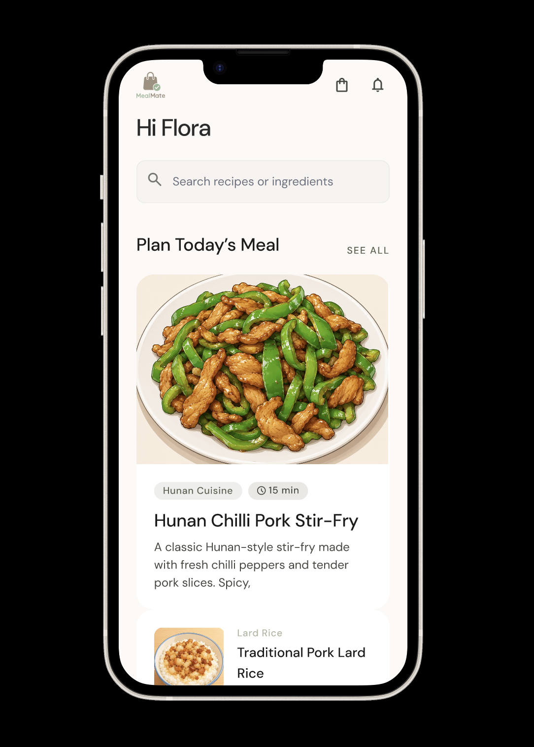 MealMate personalised home screen
