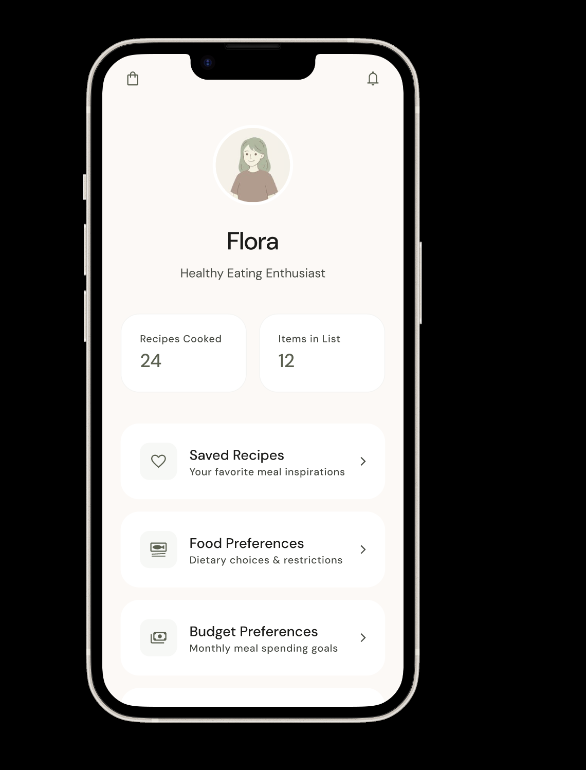 Flora profile with saved recipes and preferences
