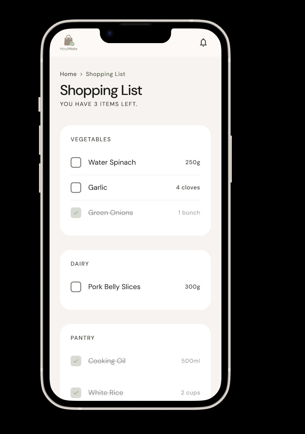 MealMate generated shopping list screen
